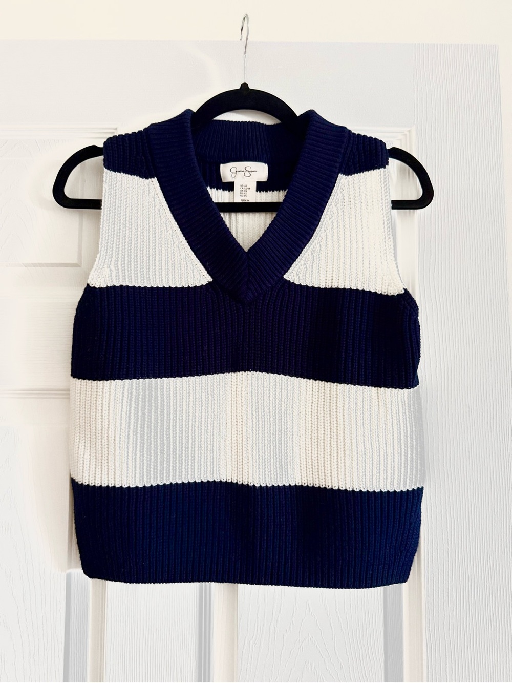 Jessica Simpson Navy and White Striped Knit V-Neck Tank